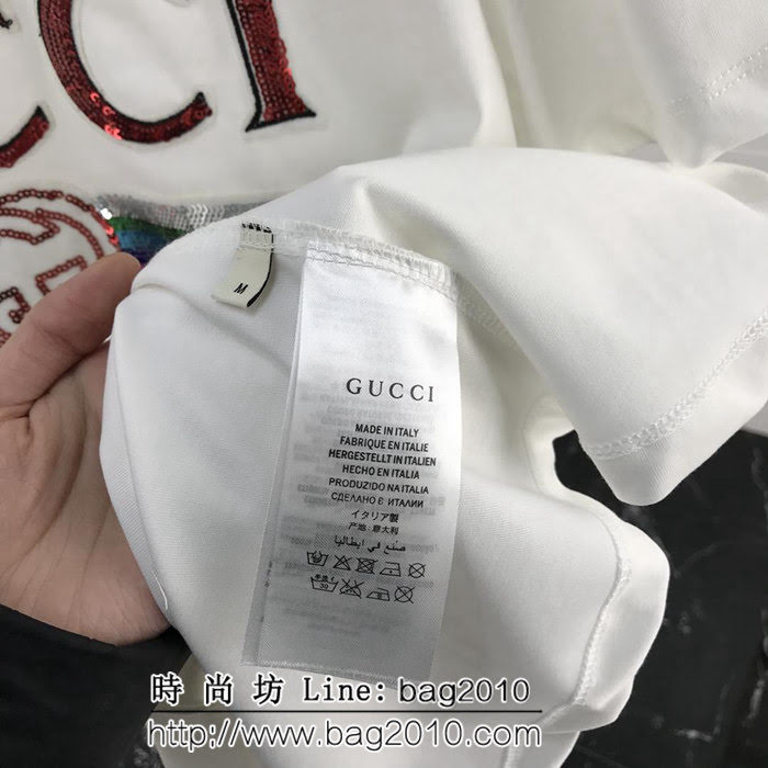 GUCCI古馳 19ss早春新款 燙金亮片LOGO 雙股絲光棉 白色短袖 情侶款 ydi1969